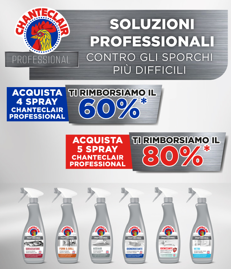 Immagine decorativa per smartphone che spiega la meccanica del concorso: Acquista 4 prodotti Chanteclai Professional e ricevi il 60% di rimborso*. Acquista 5 spray Chanteclair e ricevi l'80% di rimborso*.