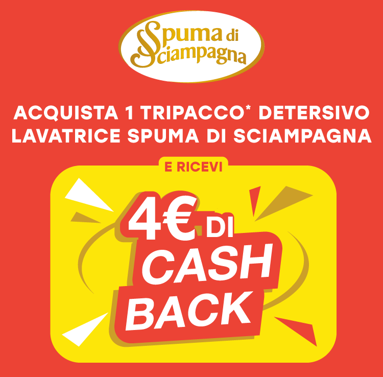 Immagine mobile che spiega la meccanica del Cashback Tripacchi Spuma di Sciampagna: Con l'acquisto di 1 tripacco* detersivo lavatrice Spuma di Sciampagna ricevi 4€ di cashback