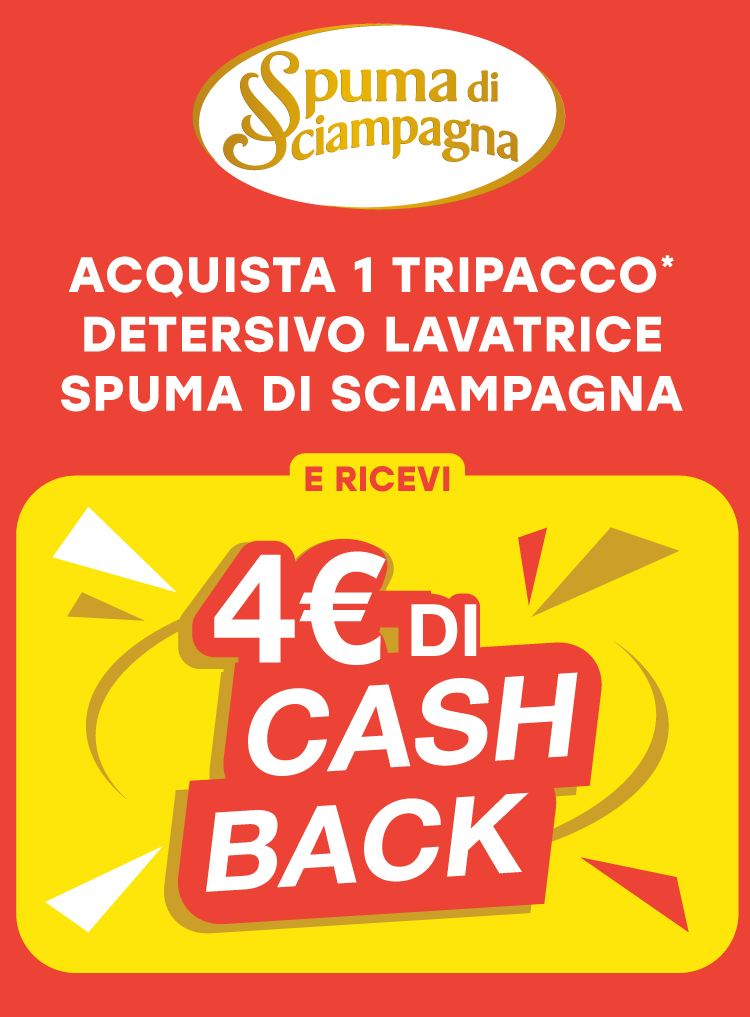 Immagine mobile che spiega la meccanica del Cashback Tripacchi Spuma di Sciampagna: Con l'acquisto di 1 tripacco* detersivo lavatrice Spuma di Sciampagna ricevi 4€ di cashback